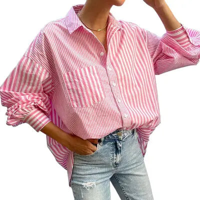 'Primrose' Striped Button Up Long Sleeve Shirt - Celes Fashion